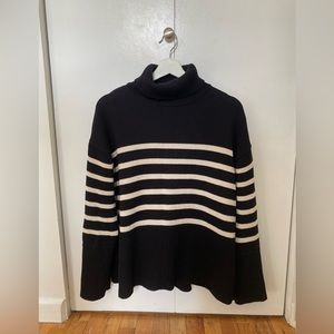 24/7 Split-Hem Cotton Turtleneck Sweater in Black & White Breton Stripe